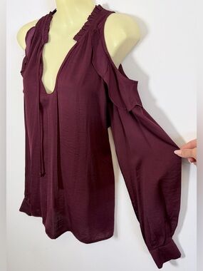 Miss Me Cold-Shoulder Ruffle Tie-Neck Blouse - Plum